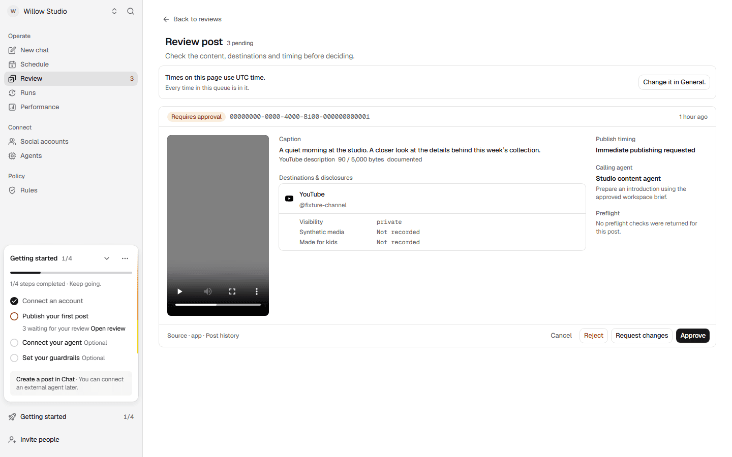 Postdom Review screen showing a synthetic video, caption, account and human decision controls