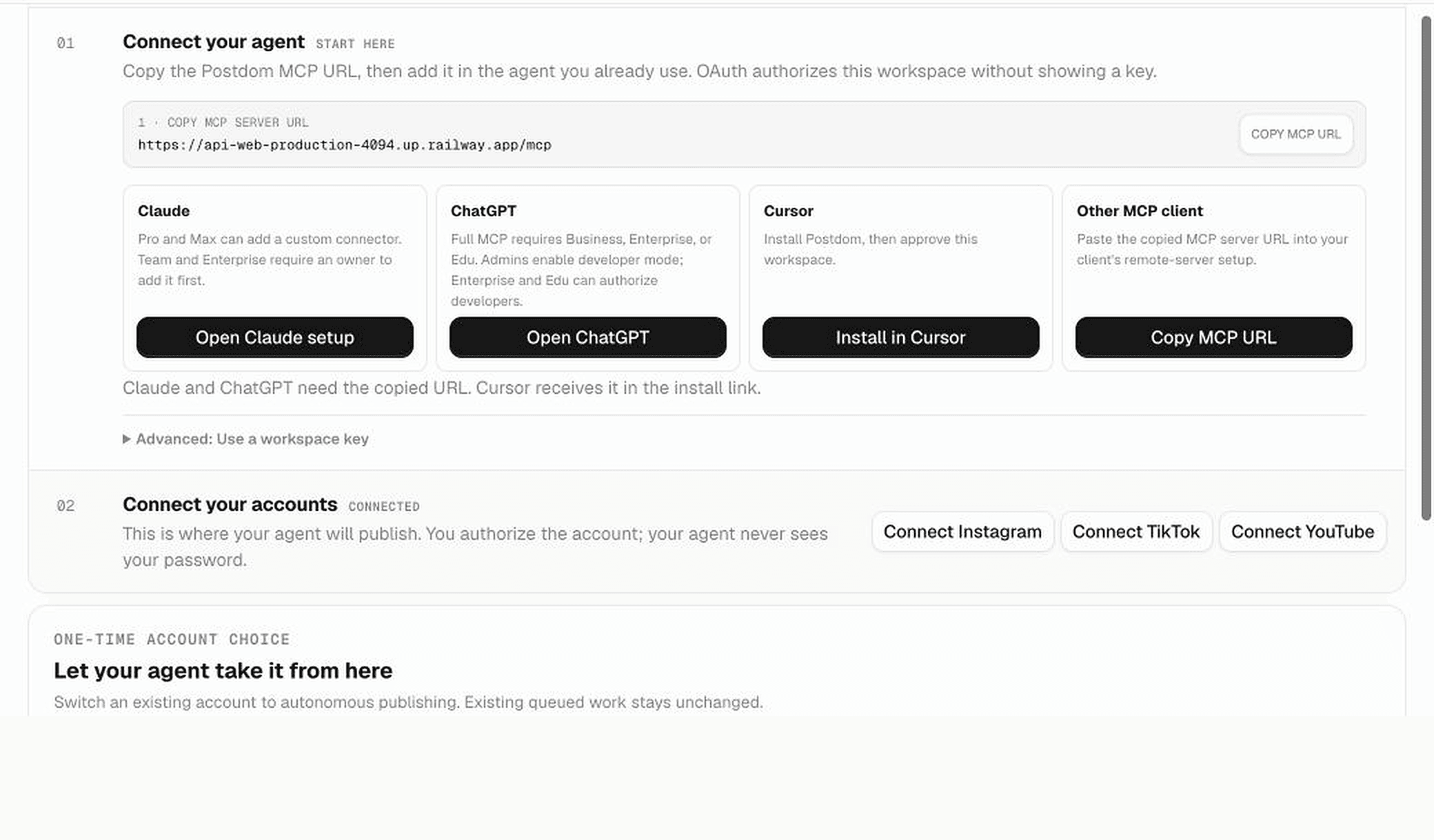 Postdom Connect showing setup options for Claude, ChatGPT, Cursor, other MCP clients, and social accounts
