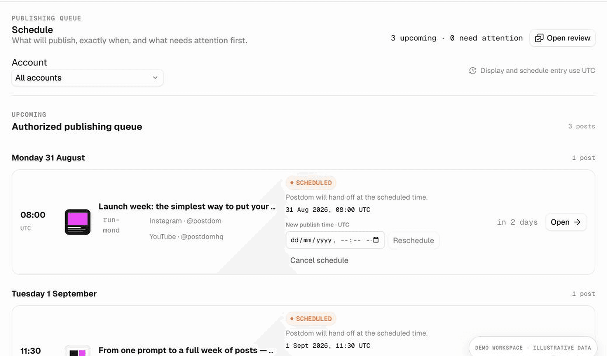Postdom Schedule showing the launch week queued across connected social accounts