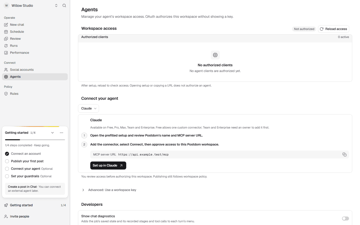 Postdom Agents screen with Claude selected, no authorized clients and the workspace-key option collapsed