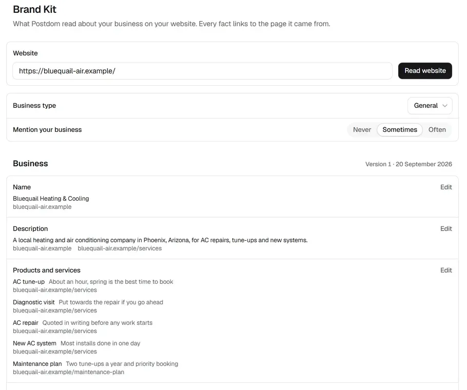The Brand Kit page listing the business name, description, services and prices Postdom read from the website, each with the page it came from