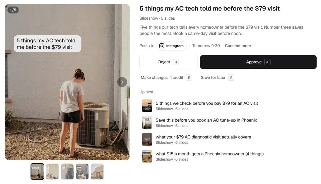 The For You page showing a five-slide slideshow titled "5 things my AC tech told me before the $79 visit", with Reject, Approve, Make changes and Save for later buttons
