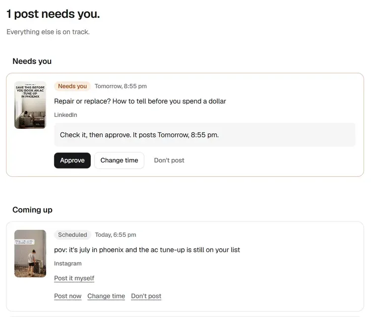 The Posts page listing one post that needs approval and two scheduled posts, each showing its platform and time