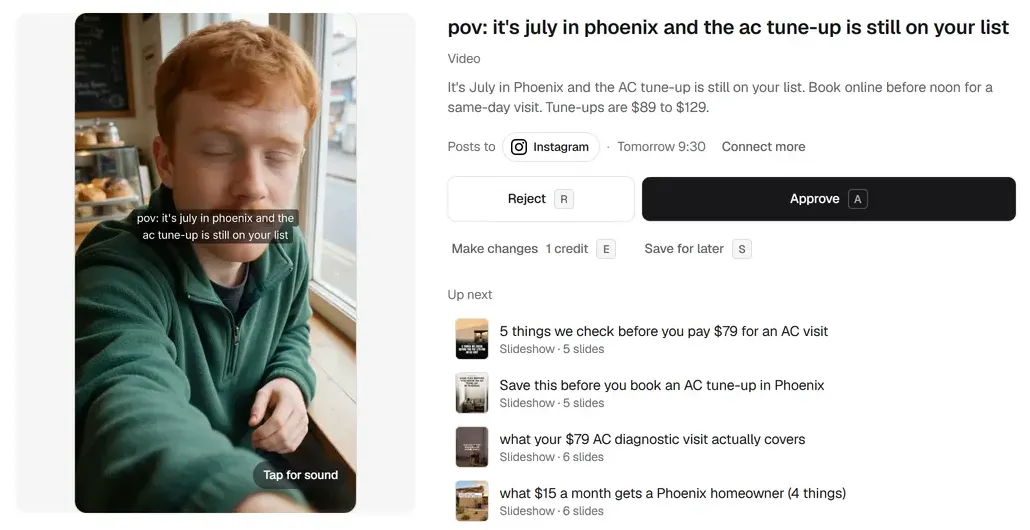 A short vertical video with the on-screen line "pov: it's july in phoenix and the ac tune-up is still on your list", with its caption and an Approve button