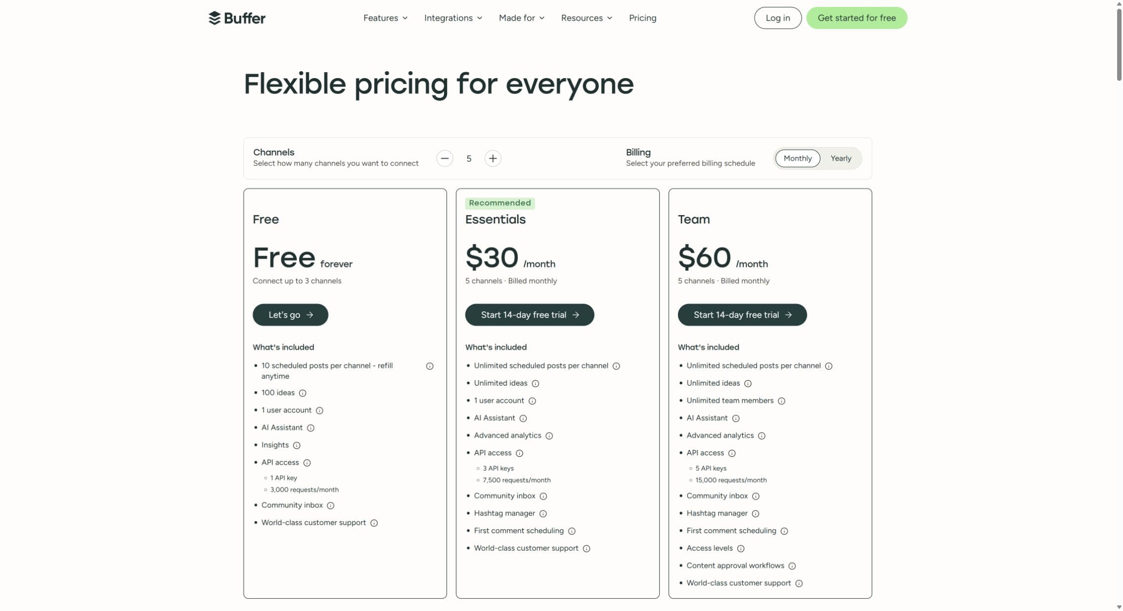 Buffer pricing configured to Monthly with five channels: Essentials $30 and Team $60