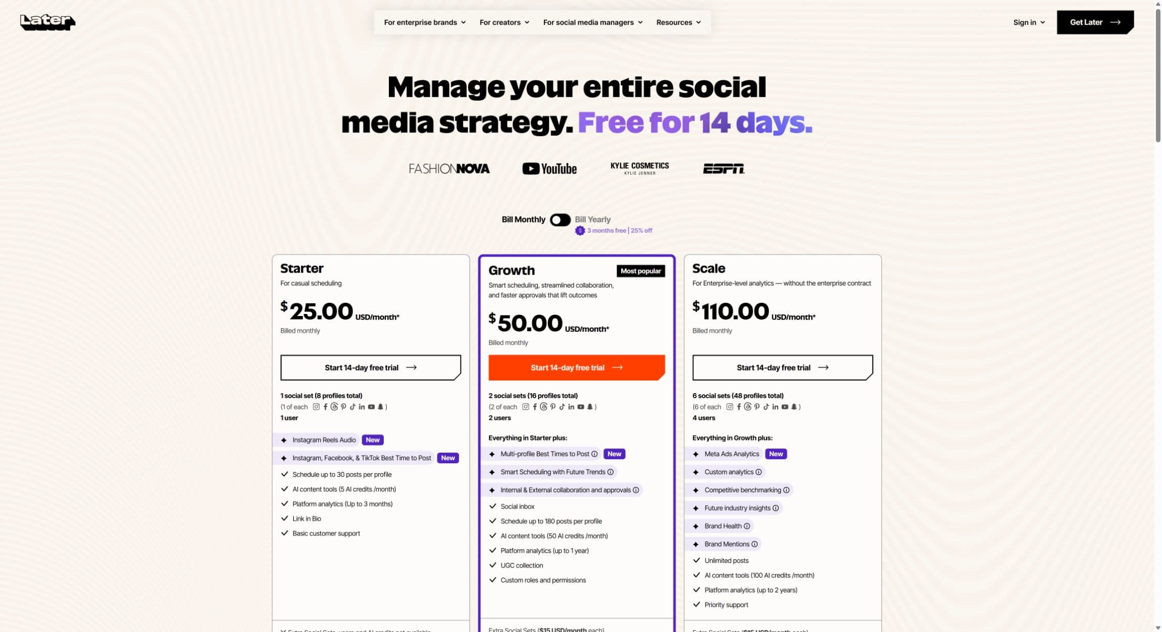 Later's monthly pricing showing Starter, Growth and Scale