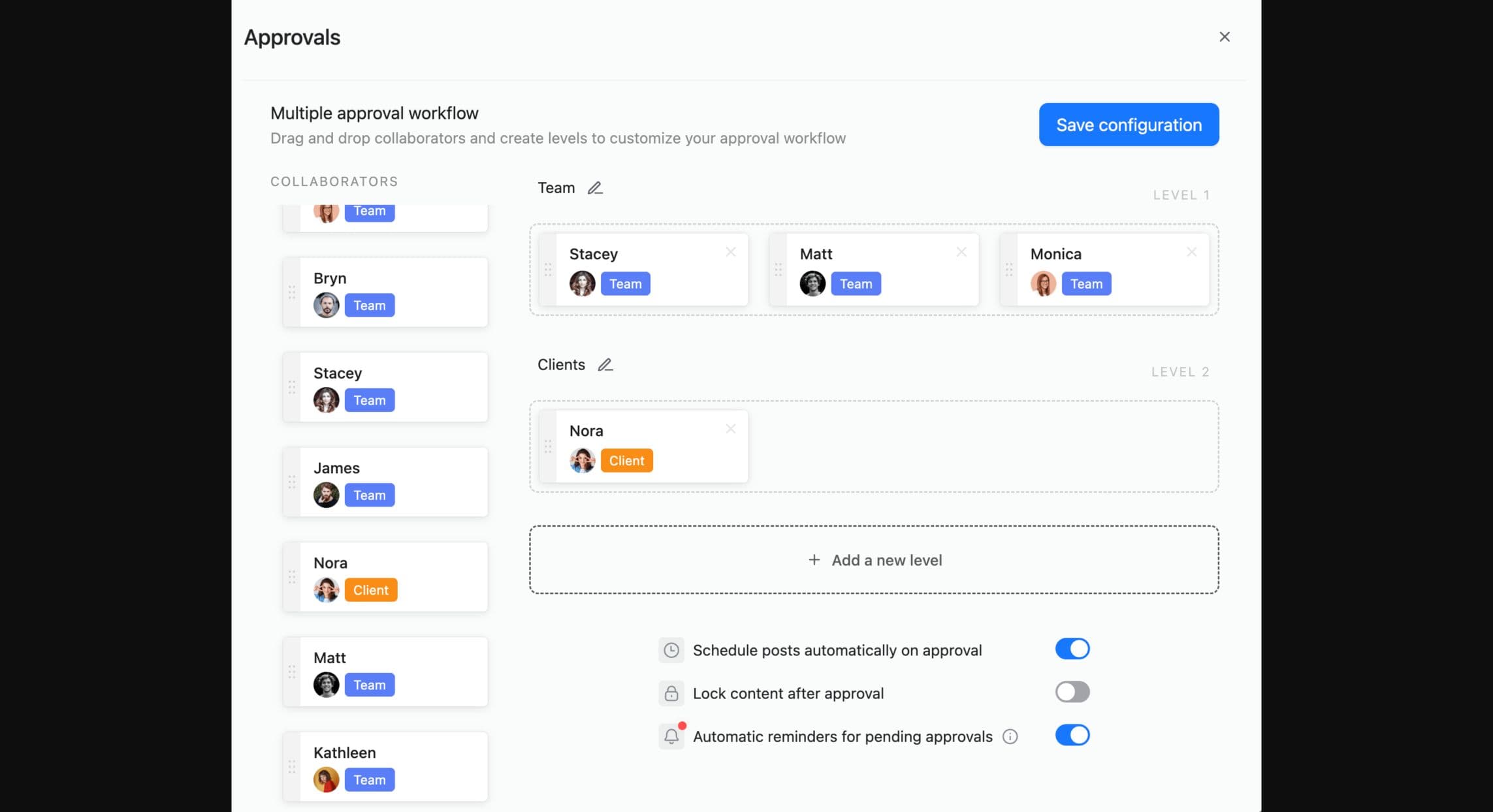 Planable approval settings showing team and client levels, an approval lock toggle and reminder settings