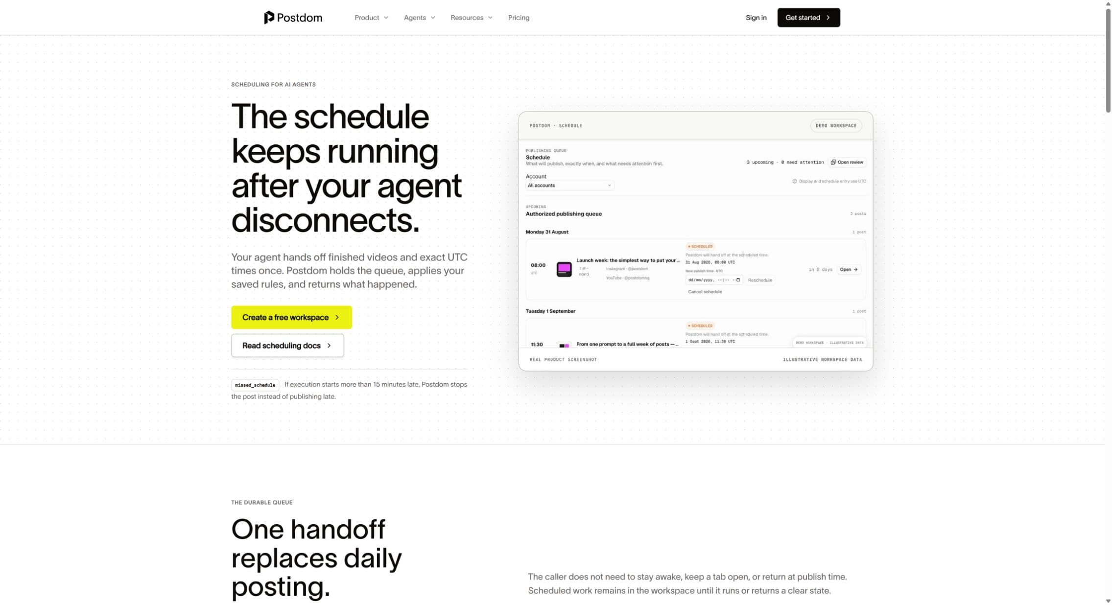 Postdom's schedule demonstration showing queued work, UTC times and review controls