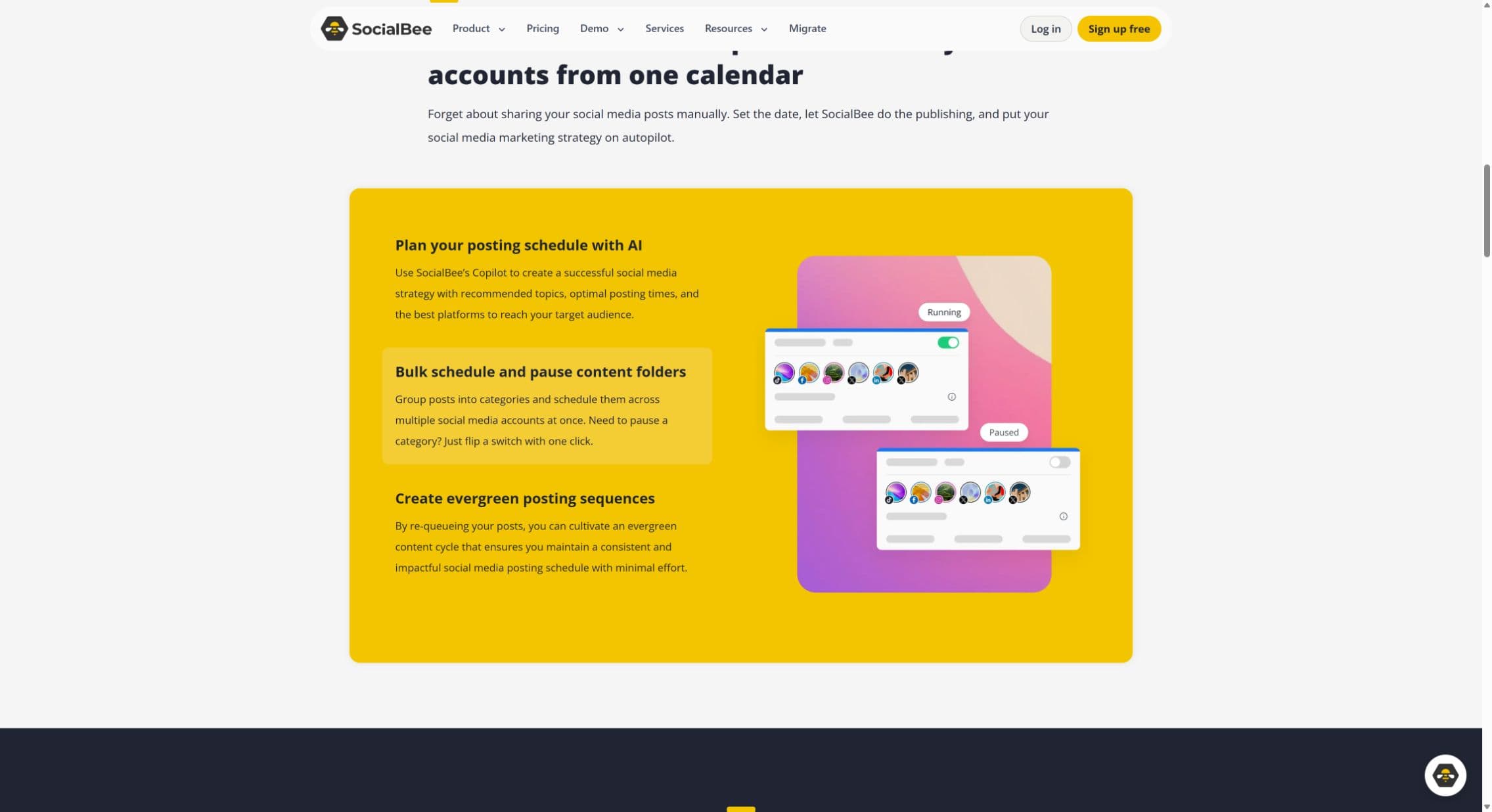 SocialBee's public illustration of running and paused content categories