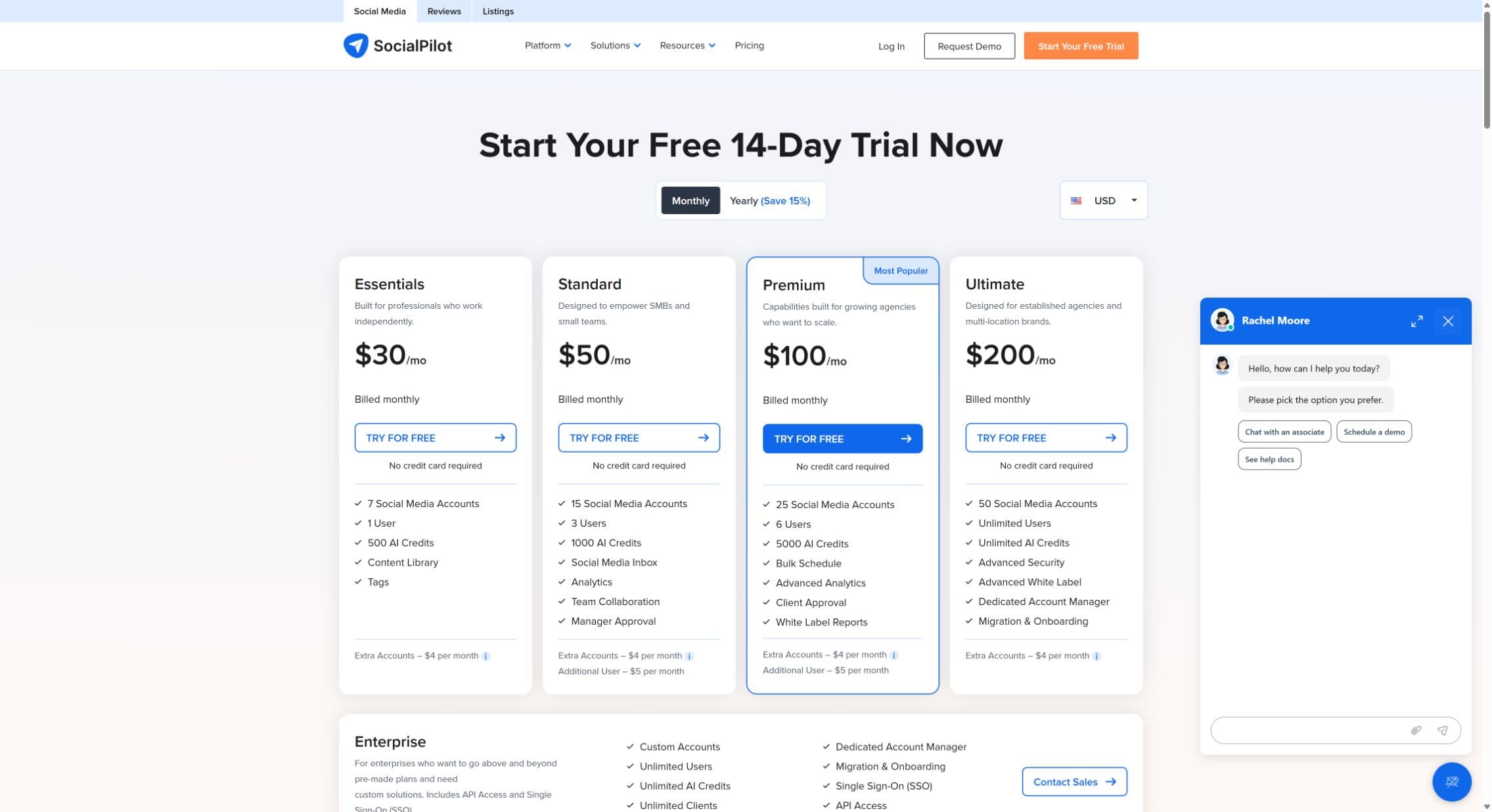 SocialPilot pricing with USD and Monthly selected
