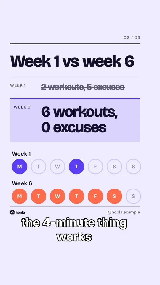 Example week 1 vs week 6 post made with Postdom for Hopla, a demo brand: me in week 1 vs week 6